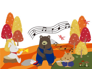 芸術の秋、可愛い動物たちの演奏会のイラスト