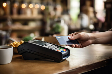 Customer scanning credit card on a card machine. Using paying terminal. AI generated