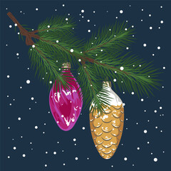 A vector image of a spruce branch decorated with Christmas tree decorations.