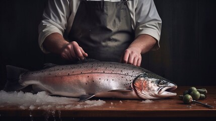The chef in a white shirt and black apron cuts salmon on a wooden board.
