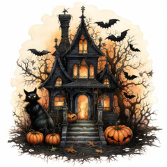 black halloween cat next to haunted house
