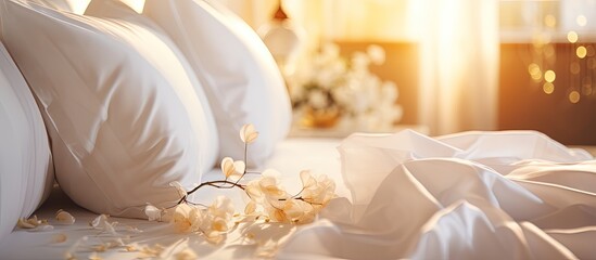 Well made bed in a beautiful room with fresh white linens sunlight creates lens flare