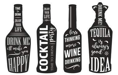 Alcohol bottles set stickers monochrome