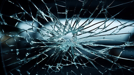 Broken windshield of a car. A web of radial splits, cracks on the triplex windshield. Broken car windshield.