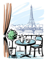 paris balcony with view on eiffel tower. Sketch style drawing