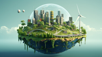 city skyline with globe sustainability concept