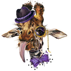 Hipster Giraffe watercolor illustration isolated on white - 648138528