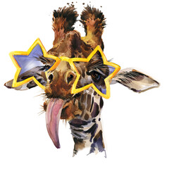 Hipster Giraffe watercolor illustration isolated on white - 648138546