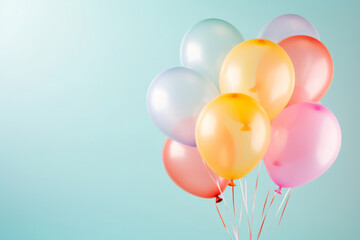 Birthday helium balloon bunch in pink blue and yellow colours on teal background. Happy anniversary...