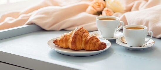 Selective focus on a white tray with coffee maker blue cup and croissants for breakfast in bed