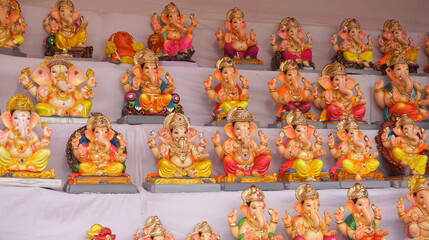 Indian Hindu God Lord Ganesha Statues, Coated with colors and sold for Ganesh Chathurthi