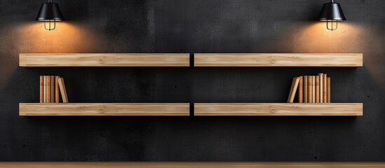 Wooden shelves on dark wall texture in loft style background with clipping path Wallpaper design