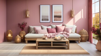Fototapeta na wymiar A warm and comfortable well - lit clean pink bohemian style living room interior.