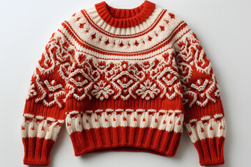 Red knitted sweater background with traditional design, Knit woolen texture. Red knitted Christmas turtleneck sweater 