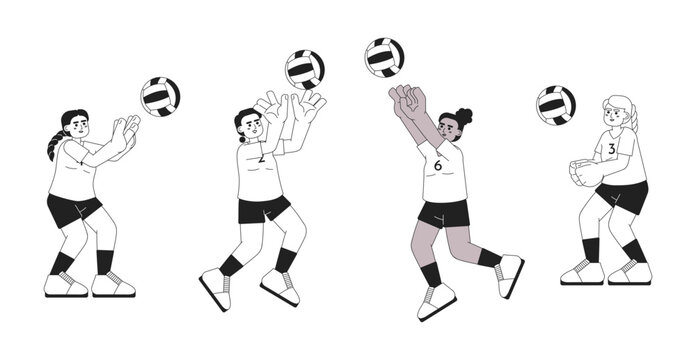 Female volleyball players monochrome concept vector spot illustration. Team game. Hitting ball 2D flat bw cartoon characters for web UI design. Sport Isolated editable hand drawn hero image