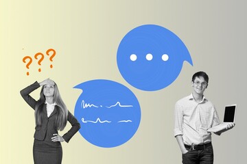 Composite collage of people use laptop