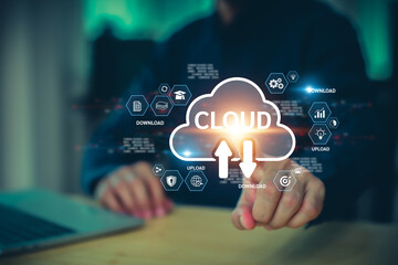 Database storage cloud technology file data transfer sharing, cyber, big data information for financial online marketing, internet banking application or computer download upload backup cloud drive.