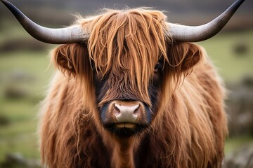 A hairy cow with long horns and a distinct coat. Generative AI