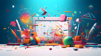 dynamic back to school background with a burst of colorful geometric shapes and symbols representing different academic subjects.