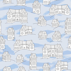 Seamless pattern with cute houses, winter background.