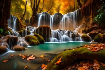 waterfall in autumn forest 4k HD quality photo. 