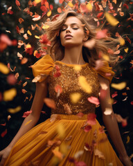 A beautiful woman in a graceful dress dances amongst the swirling autumn leaves, celebrating the season with a flurry of confetti