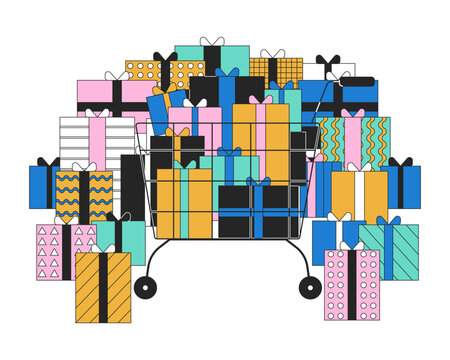 recommend clip art: Shopping cart overflowed with gifts 2D linear cartoon object. Black friday pile of presents with trolley isolated line vector element white background. Christmas store color flat spot illustration