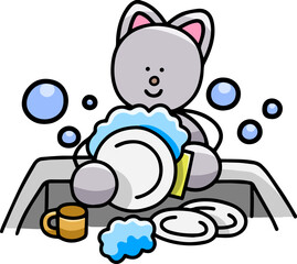 皿洗いをするにゃんまるのイラスト(左右反転バージョン)　猫
