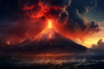 Volcán soltando fuego y magma - obrazy, fototapety, plakaty