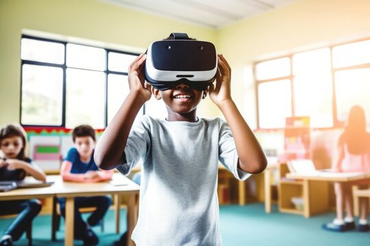 Virtual reality classroom kids. Generate Ai - Powered by Adobe