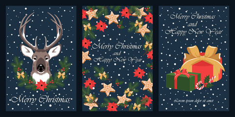 A set of greeting cards with the image of a deer, a gift, decorations. Merry Christmas and New Year.