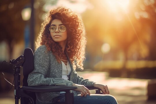Woman electric wheelchair in park. Generate Ai