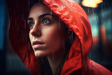Woman rain red coat positive. Generate Ai
