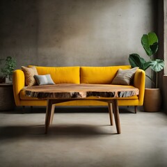 Modern Living Room Loft, Wooden Log Coffee Table Adjacent to a Yellow Sofa Against a Weathered Concrete Wall