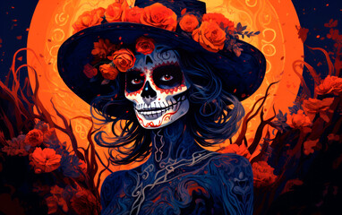 Illustration of mexican woman with day of the dead makeup. Katrina woman with spooky background. 
