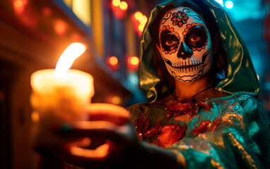 Portrait of beautiful woman with Katrina skull makeup on the street. Day of the dead. Halloween custome. 