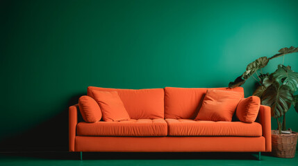 Modern empty room with colorful green wall and vintage orange sofa. Studio shot with copy space.