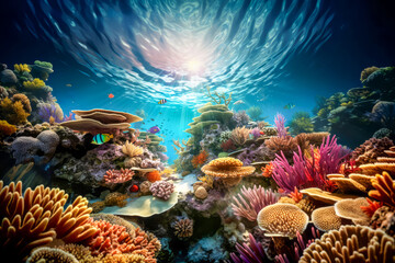 Amazing underwater scenery with various types of colorful fish, corals and sun rays shining through surface