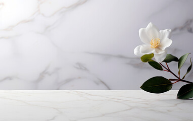 White marble background with moody shadows, white orchid and space for product presentation. Stage...
