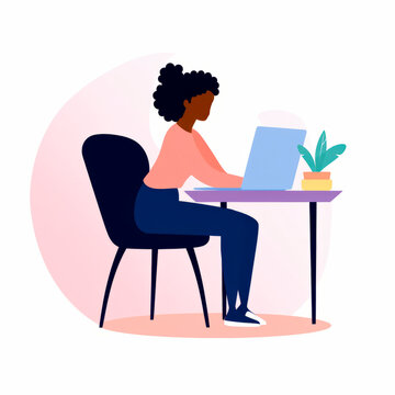 Flat vector illustration of young busy woman working or studying on her desk.