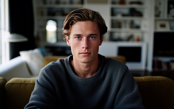 Young Man Wearing Casual T-shirt In The Livingroom With Serious Expression On Face. Simple And Natural Looking At The Camera.