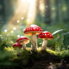 A number of red mushroom with shining light in the forest