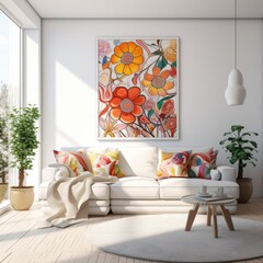 A living room with a white couch and a painting on the wall