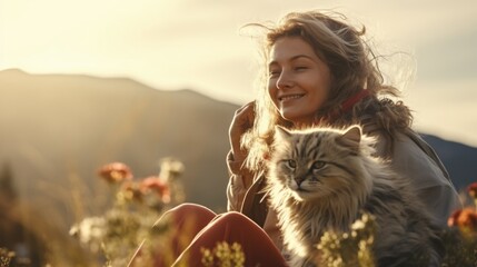 A woman sitting in a field with a cat - obrazy, fototapety, plakaty