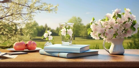 White flower in the glass and blue book with yard view
