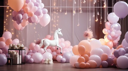 A room filled with lots of balloons and a white horse