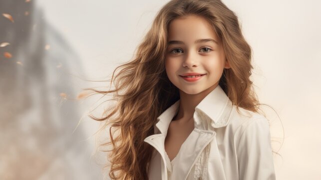 A young girl with long hair wearing a white shirt