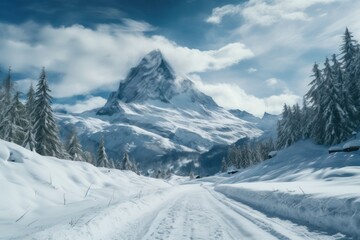 winter road and trees with snow and alps landscape. Generative Ai.