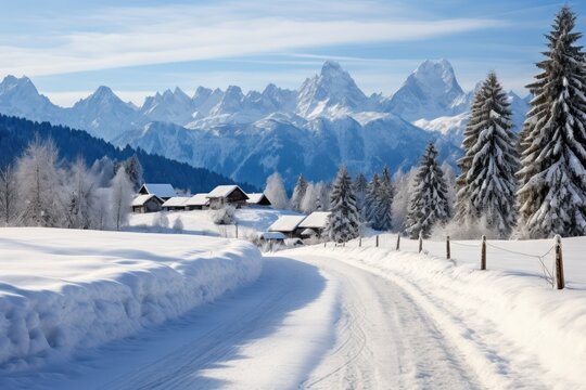 winter road and trees with snow and alps landscape. Generative Ai.