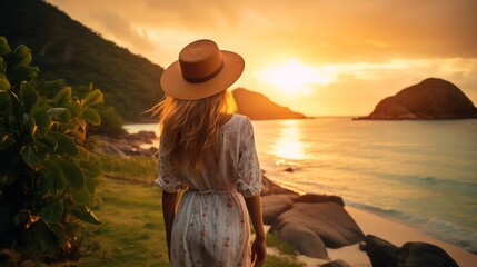 Beautiful young woman with long brown hair and wearing a hat watching the golden sunset at beautiful beach.